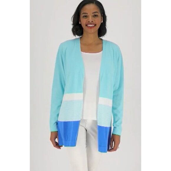 Denim and Co Reg Border Stripe Open Front Long Sleeve Cardigan Womens Small NEW - Picture 1 of 8